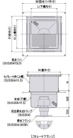 天吊セパレート型 蓋、ストレートフランジの図